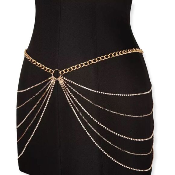 Golden Rhinestone Multi Layer Chains Body Chain Waist Belt NEW - Picture 2 of 4